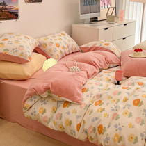 ins full cotton gushed bed four pieces of flange milk suede pure cotton quilt cover coral suede three-piece small crumpled flower woman