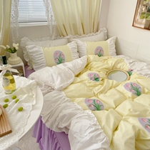 ins Han style cream tulip pure cotton bed with four sets of stitched lace princess wines full cotton quilts covered with bunk bed skirt
