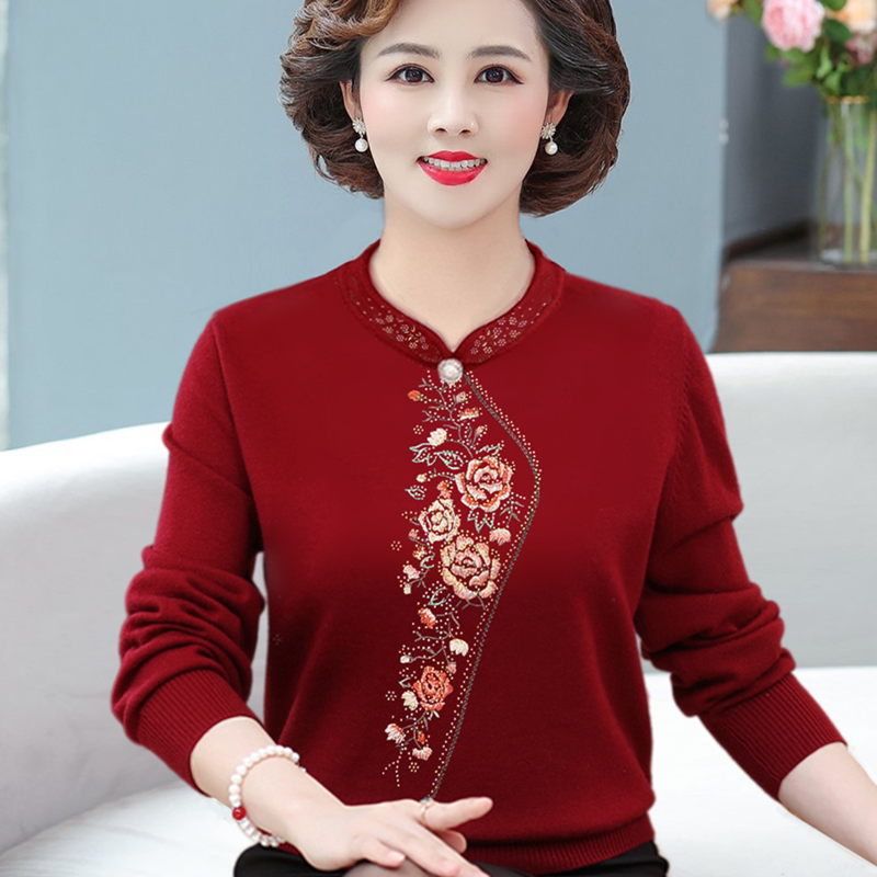 2022 Spring Dress New Moms Dress Loose Needle Weaters elderly women's dress Flag burqa collar bottom shirts wearing thin sweaters