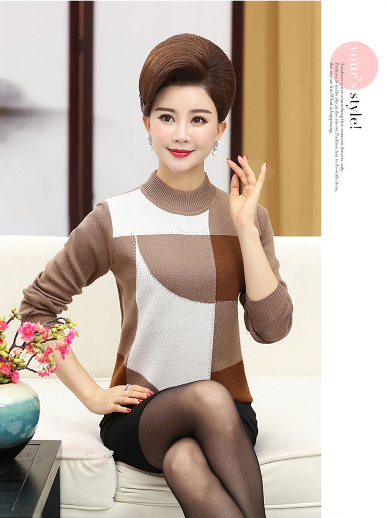 Mùa thu và mùa đông áo len dày mới cho phụ nữ trung niên size rộng rộng cộng với áo len nhung mẹ nửa cổ cao áo sơ mi nữ trung niên