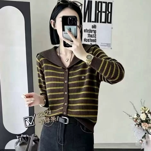 Fashionable Navy Collar Striped Color-Block Knit Sweater for Women, Loose Fit, Autumn Korean Style, Slimming Sweater, Versatile Base Layer Top, Trendy