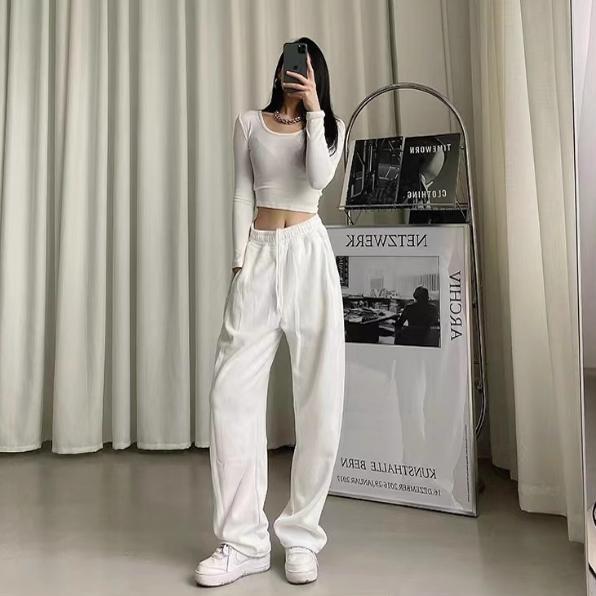 175 Tall Women's Extra-Long White Drawstring Jogger Sweatpants, High-Waisted, Loose, Slimming, Straight-Leg Casual Pants for Spring and Autumn