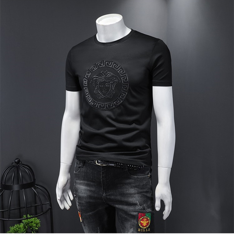 Trendy Summer Embroidered Round-Neck Short-Sleeve T-Shirt for Men, Made of Mercerized Cotton, Slim Fit, Simple Sequin Base Shirt, European Style Top