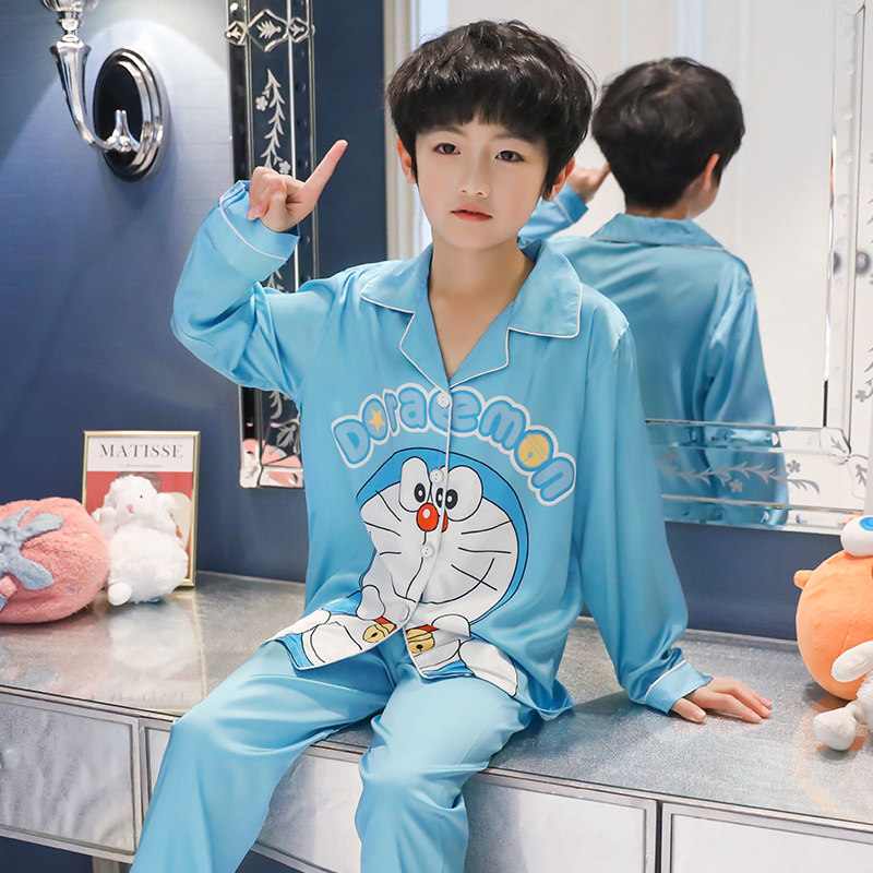 Boys pajamas spring and autumn new long-sleeved ice silk cardigan jingle cat cartoon big child baby suit home service