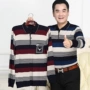 Mùa thu trung niên tay dài áo thun nam sọc áo polo trung niên lỏng lẻo cotton từ bi cha mùa xuân áo thun nam