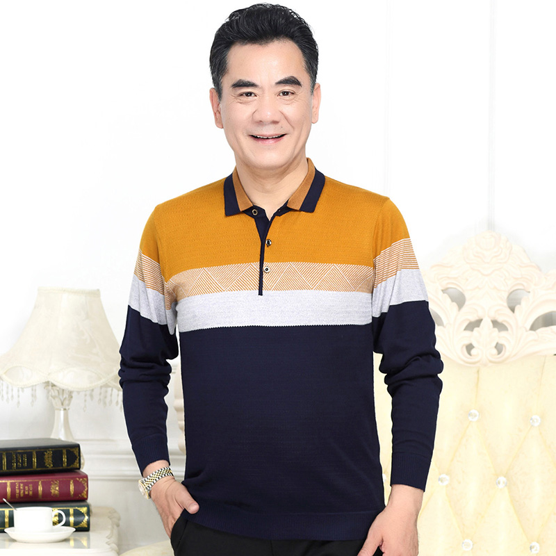 Mùa thu trung niên tay dài áo thun nam sọc áo polo trung niên lỏng lẻo cotton từ bi cha mùa xuân áo thun nam tay dài