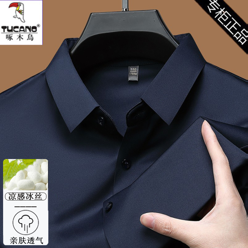 Woodpecker High-End Ice Silk Shirt for Men, Long-Sleeved, Spring and Summer, Men's Wrinkle-Free, Thin, Seamless, Dad-Style Shirt