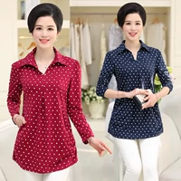 Mùa xuân tuổi trung niên ve áo cotton áo thun nữ dài tay áo sơ mi mẹ đầm XL đầm dự tiệc cho người lớn tuổi