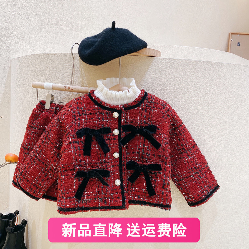 Girl little balsamic breeze 2022 new red suit dress foreign pie jacket spring trendy two sets of middle and child foreign pie