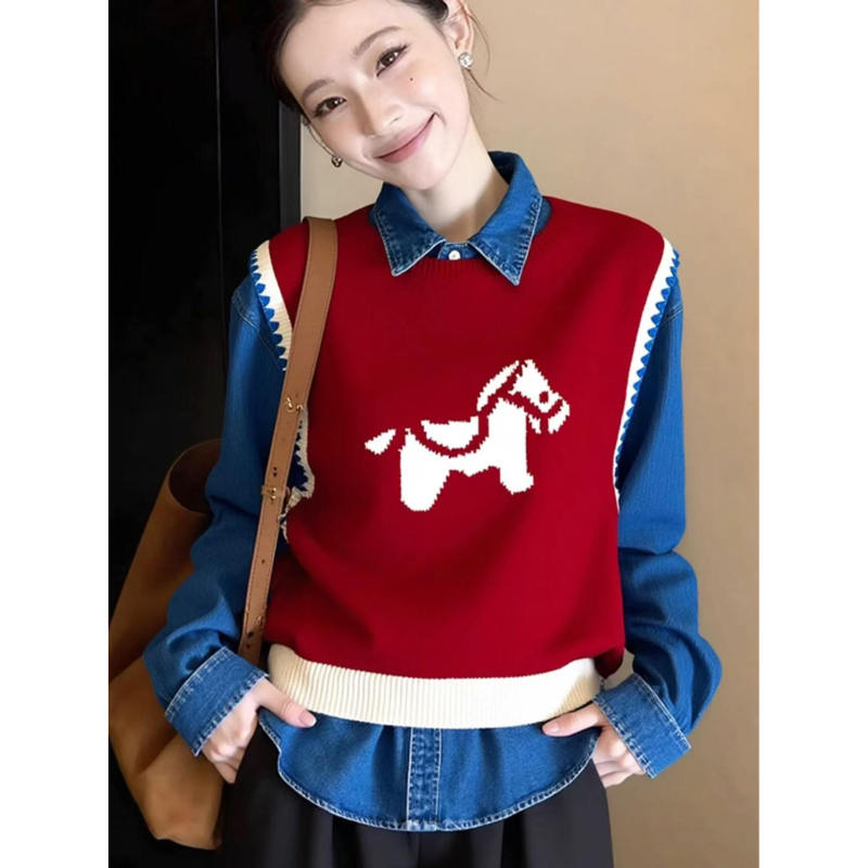 Christmas Outfit Red Jacquard Layered Knit Vest for Women 2025 Autumn/Winter Chic Top