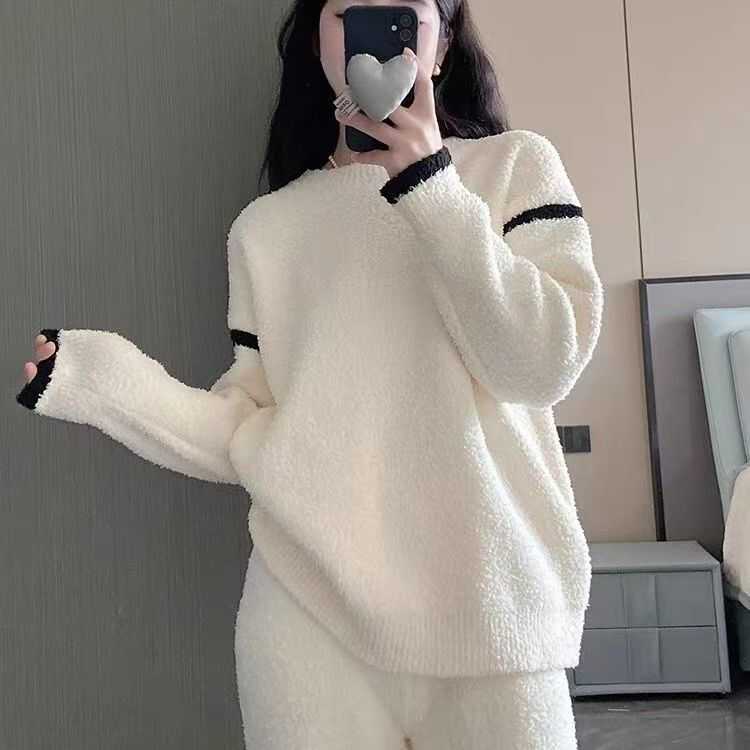 Half-Velvet Pajamas and Sweater for Women, Autumn and Winter 2024 New Style, Pullover Minimalist Home Autumn and Winter Set, Knitted Sweater Half-Velvet Pajamas and Sweater for Women, Autumn and Winter 2024 New Style, Pullover Minimalist Home Autumn and Winter Set, Knitted Sweater