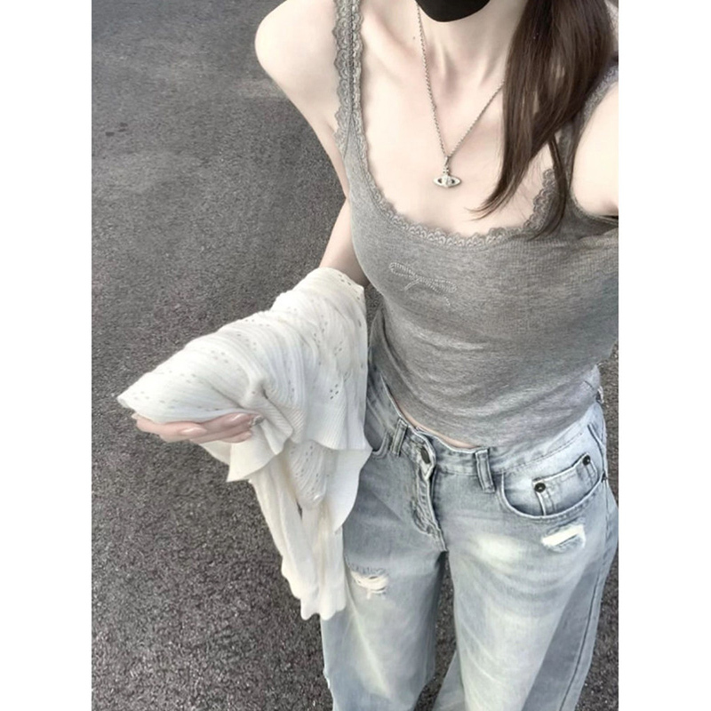 Gray Rhinestone Bow Lace Patchwork Camisole for Women, Summer 2026, Slim-Fit Short Sleeveless Top