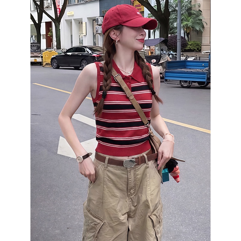 Korean Retro Red Striped Lapel Knitted Vest for Women, New Summer Style Slim Fit Sleeveless Polo Shirt Top Korean Retro Red Striped Lapel Knitted Vest for Women, New Summer Style Slim Fit Sleeveless Polo Shirt Top