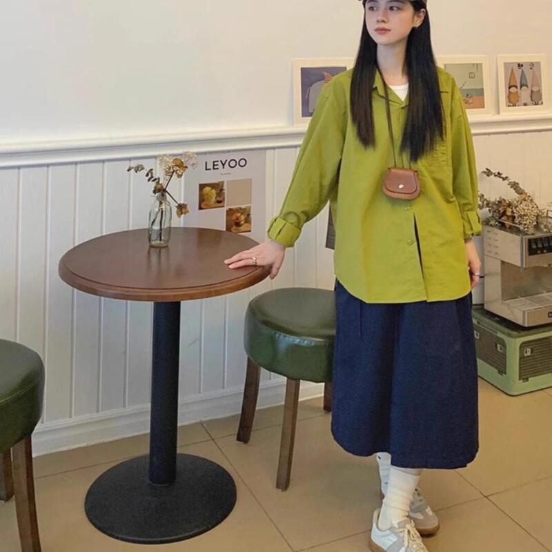 Spring and Autumn New Korean Style Retro Long-Sleeve Shirt for Women, Mustard Green Turn-Down Collar, Loose and Lazy Style, Brightening Layered Shirt