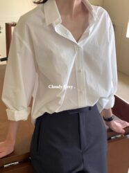 Spring and Autumn New Korean Style Retro Classic Long-Sleeve White Shirt for Women, Loose Casual Versatile Turn-Down Collar Pure Cotton Layering Top