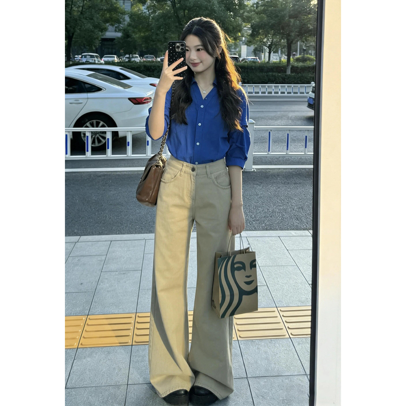 Khaki Flared Jeans for Women, 2026 New Summer Style, Super Popular, Low-Waisted, Loose, Wide-Leg Long Pants