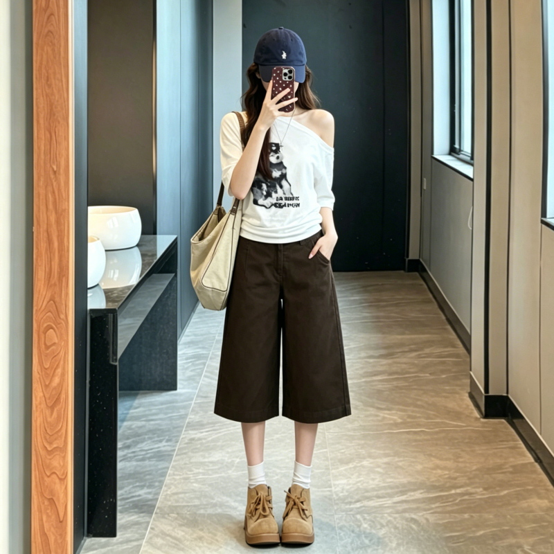 Brown Straight-Leg Cropped Jeans for Women 2026 New Summer Thin Trendy Loose High-Waisted Wide-Leg Mid-Length Pants