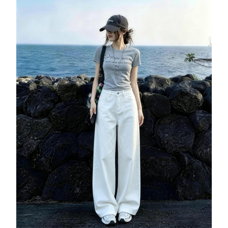 White Wide-Leg Jeans for Women 2026 New Autumn Trendy American Style High-Waisted Loose Straight-Leg Floor-Length Pants