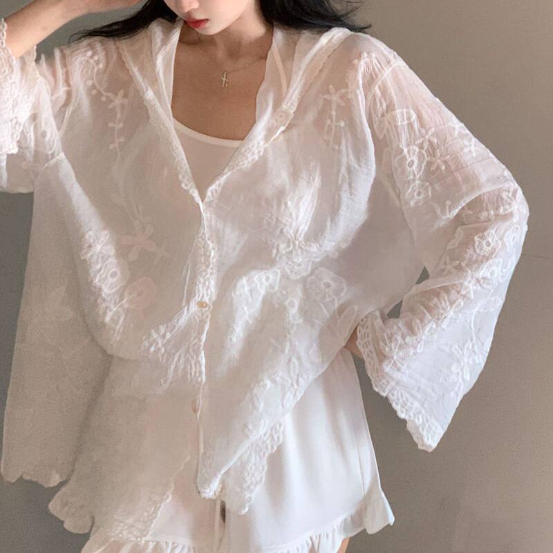 Plus Size 150kg Korean-Style White Lace Hooded Sun Protection Shirt for Women, Summer Thin Lazy Style Jacket 2