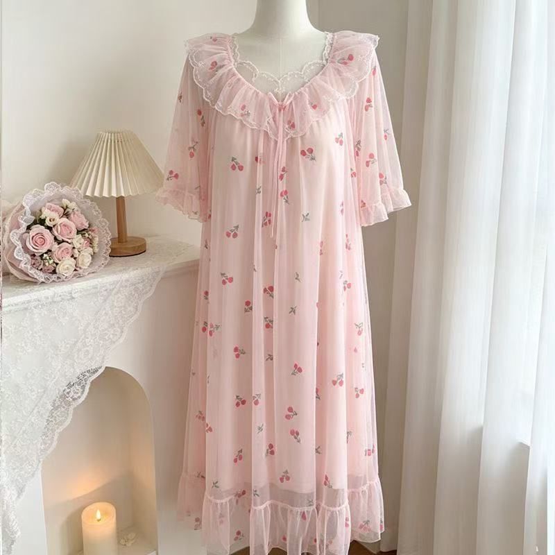 Extra Large Size 150kg Sweet Pink Mesh Lace Floral Nightgown with Breast Pads for Plus-Size Girls, Summer Loungewear for Women2 Extra Large Size 150kg Sweet Pink Mesh Lace Floral Nightgown with Breast Pads for Plus-Size Girls, Summer Loungewear for Women2