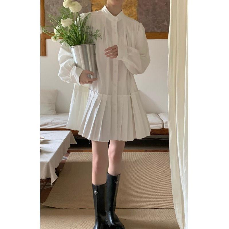 Extra Large Size 150kg Plus-Size Sister's French-Style White Long-Sleeved Shirt Dress for Women, Spring and Summer A-Line Pleated Short Skirt Extra Large Size 150kg Plus-Size Sister's French-Style White Long-Sleeved Shirt Dress for Women, Spring and Summer A-Line Pleated Short Skirt