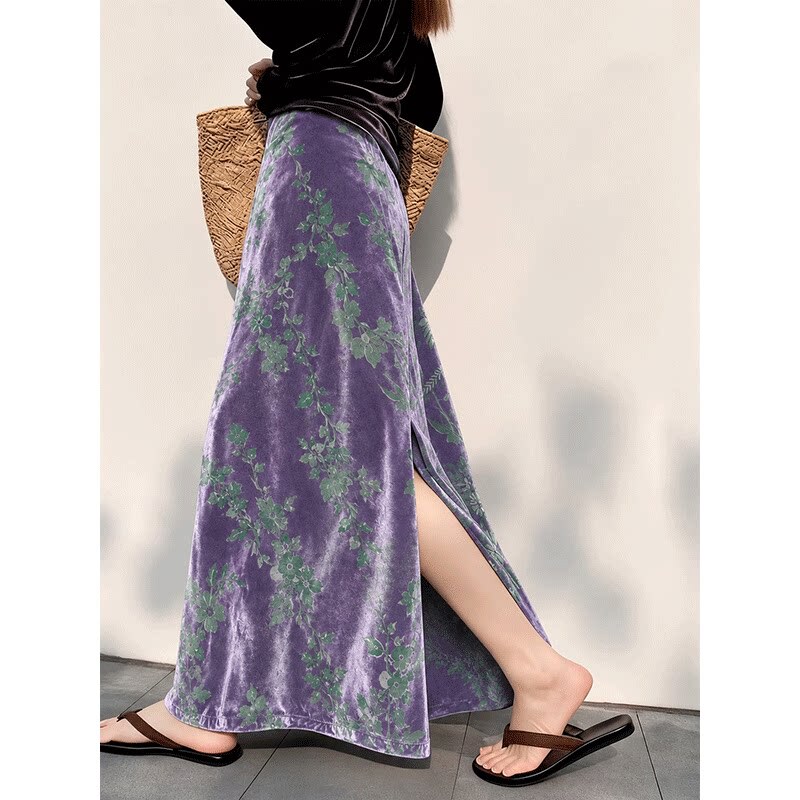 Plus Size 150kg High-End Purple Velvet Skirt for Women, Spring and Autumn High-Waisted Side Slit Bodycon Long Skirt 2 Plus Size 150kg High-End Purple Velvet Skirt for Women, Spring and Autumn High-Waisted Side Slit Bodycon Long Skirt 2