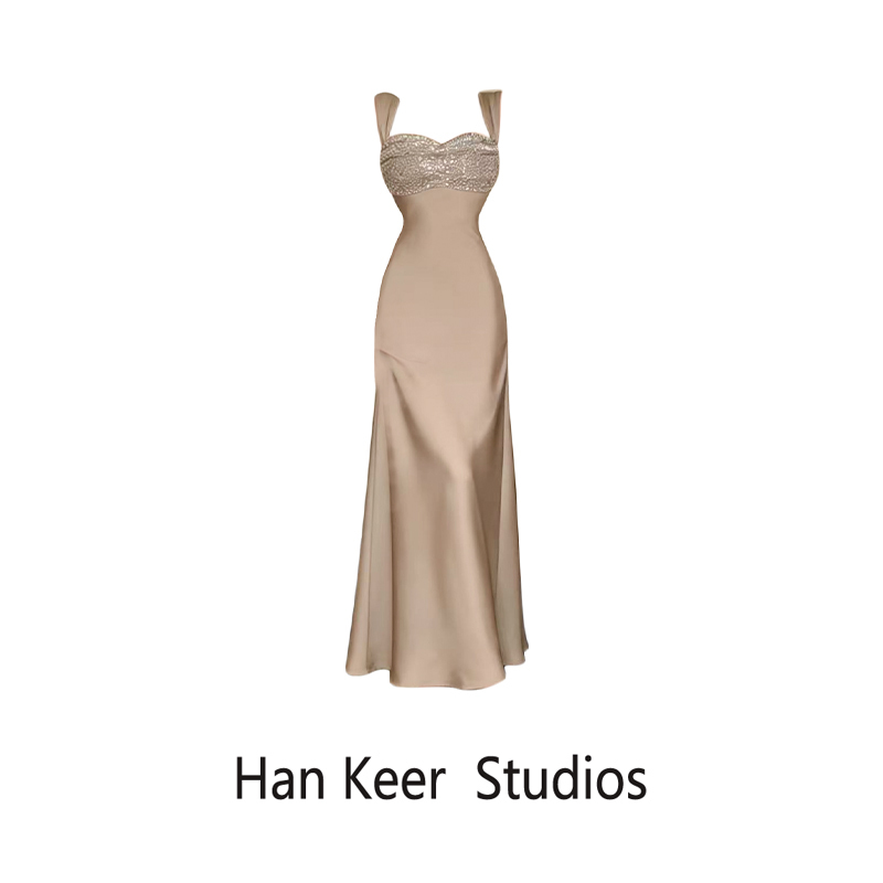 New Off-White [Sunken Star] Light Luxury Satin Slip Dress for Women, Spring and Autumn High-End Beaded Fishtail Dress