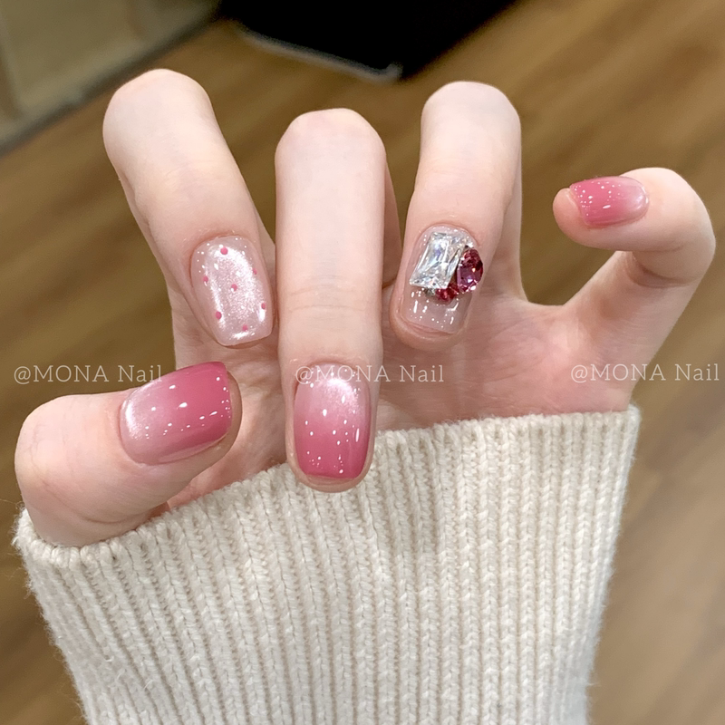 【Peach Crystal Red Heart】Gradient Rose Pink Polka Dot Style Pure Handmade Wearable Nails, Clear and Transparent, Summer Girly Nail Art 【Peach Crystal Red Heart】Gradient Rose Pink Polka Dot Style Pure Handmade Wearable Nails, Clear and Transparent, Summer Girly Nail Art