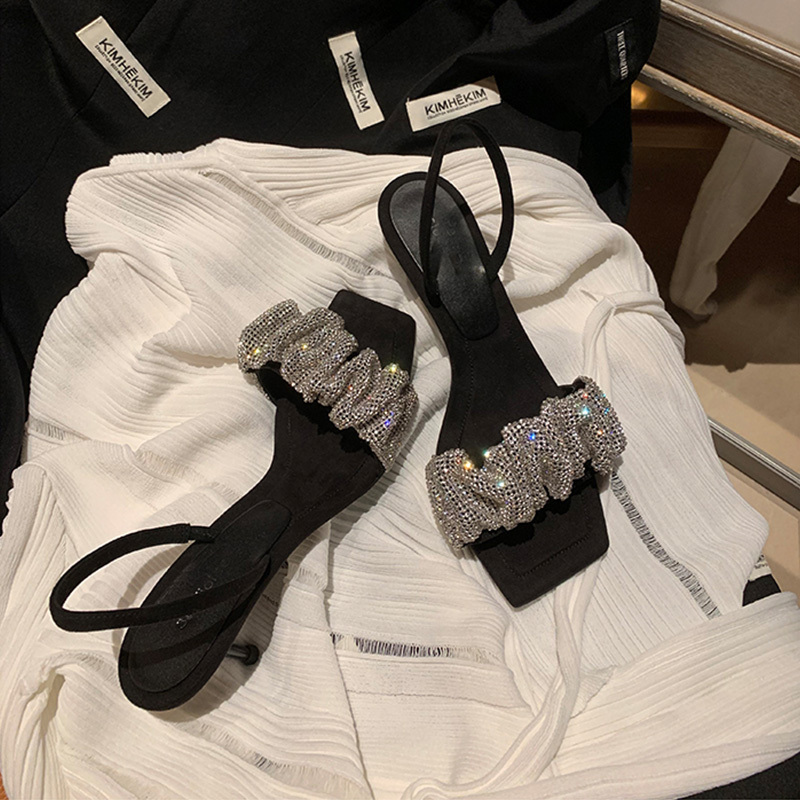 Dai Wang Yang Mi's Influencer-Style Stiletto Sandals 2024 New Square-Toe Rhinestone Fairy-Style One-Strap Slippers