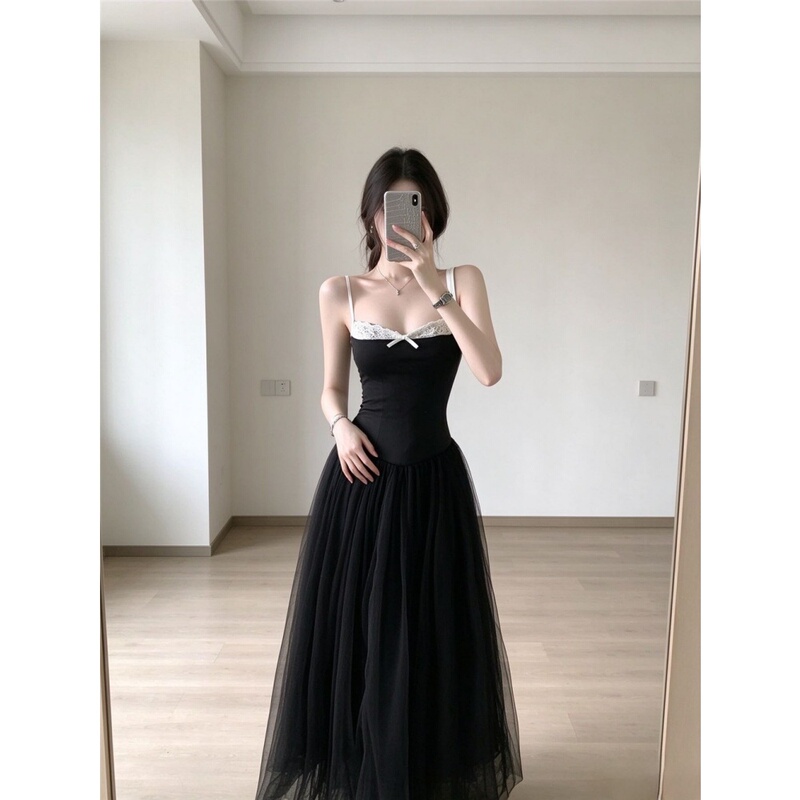 Black Dress for Women, French Style, Elegant and Chic, Suitable for Birthday Outfits, Waist-Cinching, Slimming, Mesh Long Dress