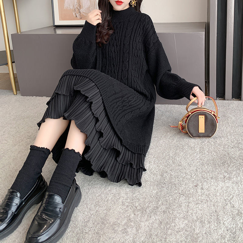 New Autumn and Winter Mid-Length Dress, Over-The-Knee Dress Paired with Coat, Knitted Sweater Dress, Loose-Fitting Inner Layering Dress, Fairy Dress