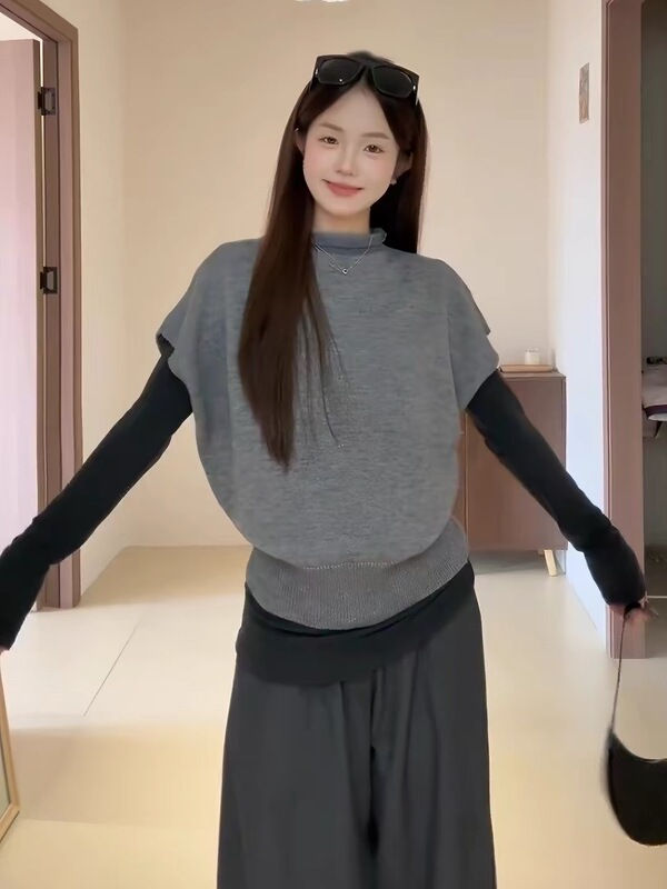 Lazy Style Half-High Collar Gray Knitted Vest for Women 2026 New Autumn and Winter Loose Layered Sleeveless Sweater Vest Lazy Style Half-High Collar Gray Knitted Vest for Women 2026 New Autumn and Winter Loose Layered Sleeveless Sweater Vest