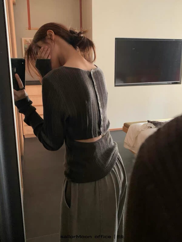 Korean-Style Back-Buttoned Hollow-Out Long-Sleeve Knit Top for Women, 2026 New Autumn Slim-Fit Slimming Base Knit Sweater
