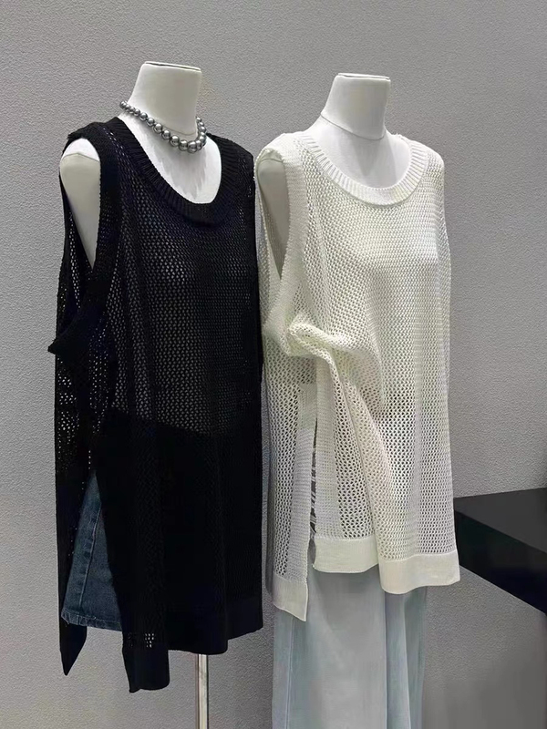 2026 Summer Round Neck Hollow Out Vest Loose Side Slit Mid-Length Sun Protection Cover-Up Sleeveless Ice Silk Knitted Tank Top for Women
