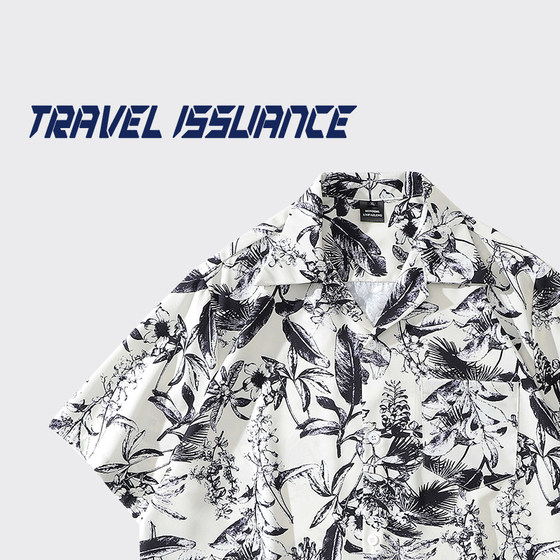 TRAVELISSUANCE 무성한 녹색 여름 신작 반팔 꽃무늬 셔츠 홍콩 스타일 복고풍 루즈 셔츠