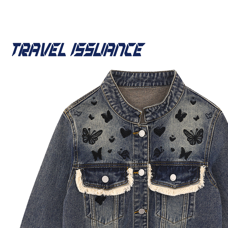 Travel Issuance Night Butterfly Hong Kong Style Retro Embroider Design Loose Denim Jacket