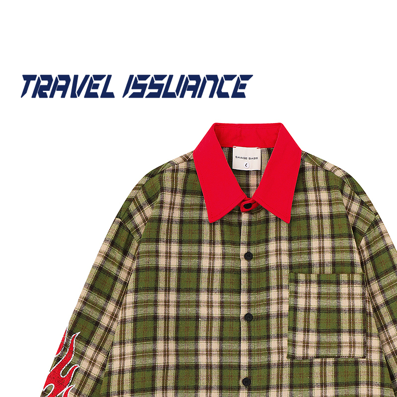 Travel Issuance Color-Contrasting Flame High Street Style Red Collar Printed Loose Versatile Long-Sleeve Shirt for Men and Women Travel Issuance Color-Contrasting Flame High Street Style Red Collar Printed Loose Versatile Long-Sleeve Shirt for Men and Women