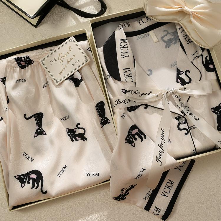 Gp Madam Little Black Cat Pajamas for Women, Silk Long Sleeves and Long Pants, Gift for Girlfriend or Best Friend, Birthday Gift, Homewear Gift Box