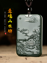  Hetian Jade Jewelry Jade Landscape jade pendant Male tower green fine material jade pendant Double-sided jade pendant Jade pendant