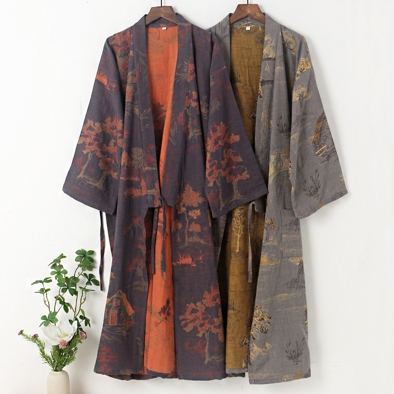 Men's Traditional Chinese Landscape Painting Style Retro Hanfu Cross-Collar Bathrobe, Yarn-Dyed Jacquard Pure Cotton Gauze Kimono Bathrobe, Home Robe