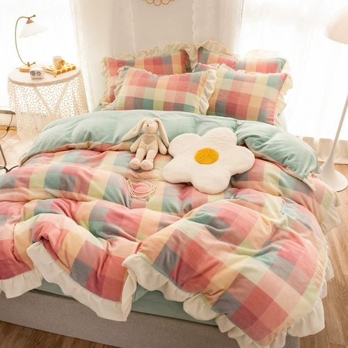 Коралловый зимний двусторонний комплект, флисовая простыня, пододеяльник, фланелевое покрывало, скандинавский стиль, 4 предмета