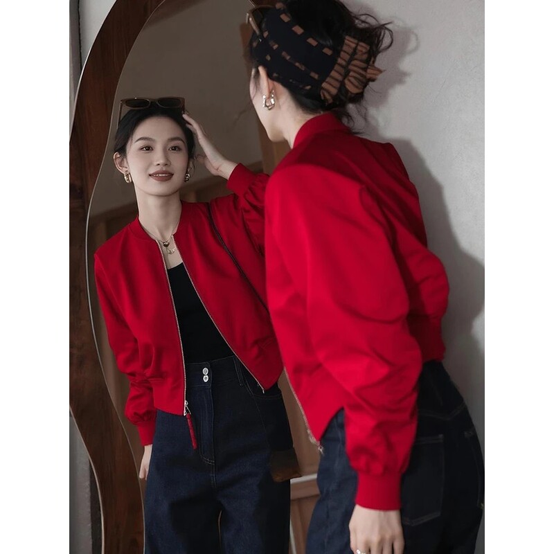 Quilted Red Baseball Jacket Short Coat for Women, 2025 Winter New Style, Petite Casual Simple Flight Jacket Top