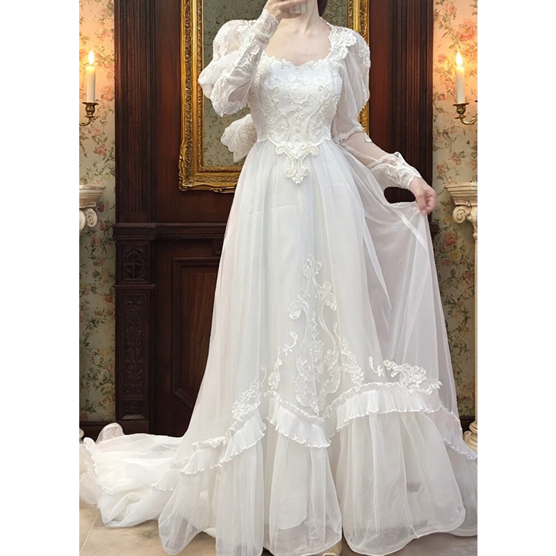 French-Style Long-Sleeved Light Wedding Dress, New Bridal Gown with a High-End Vintage Feel for Photo Shoots, Niche Dress French-Style Long-Sleeved Light Wedding Dress, New Bridal Gown with a High-End Vintage Feel for Photo Shoots, Niche Dress