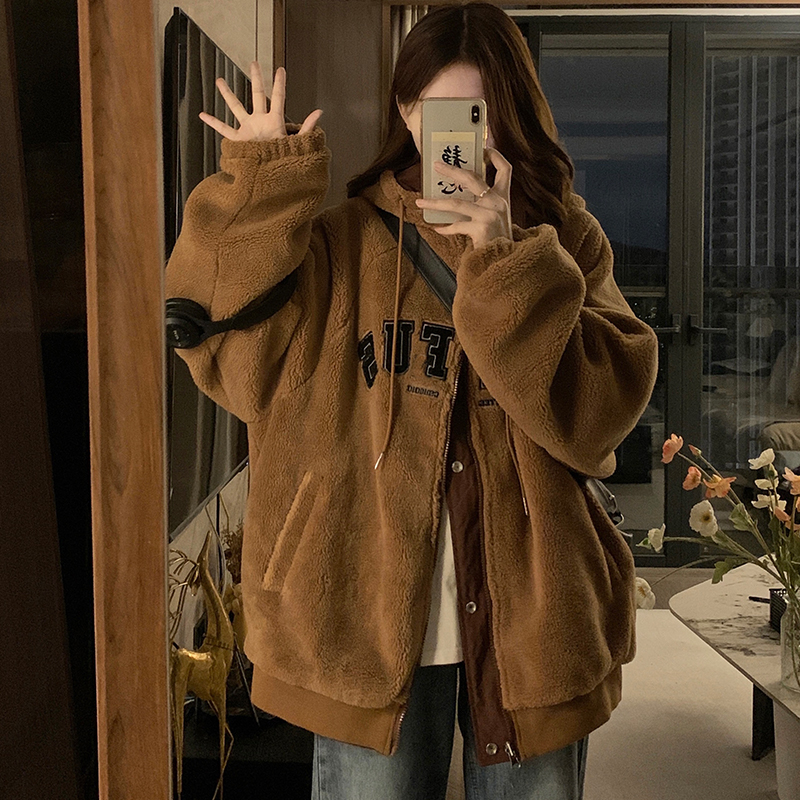 Double sided wearing baseball clothes lamb wool jacket woman 2023 Winter new thickened Cavet American retro cotton padded jacket-Taobao