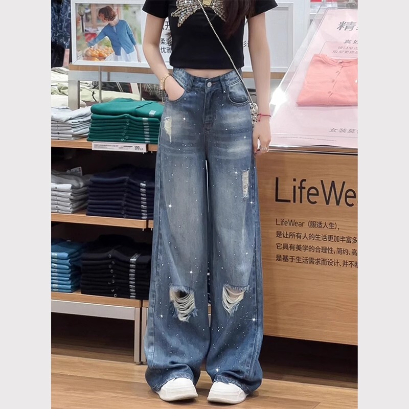 European-Style Rhinestone Ripped Jeans for Women 2026 New Summer Straight-Leg Pants Plus Size Slimming Loose Versatile Wide-Leg Pants