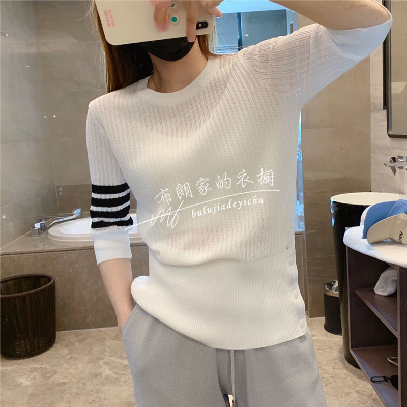 TB Thom Summer Four Pole Academy Wind Ice silk short sleeve T-shirt Knitted Round Collar TB Half Sleeve Female Tide
