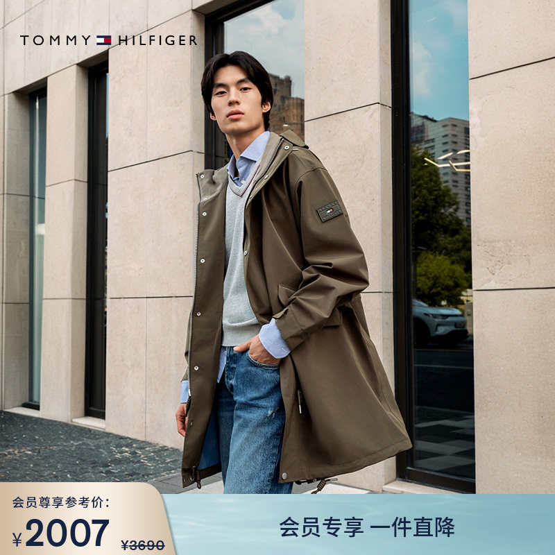 [Outdoor Waterproof] Tommy Spring and Summer Men's Trendy Casual Mid-Length Hooded Windbreaker Parka Jacket