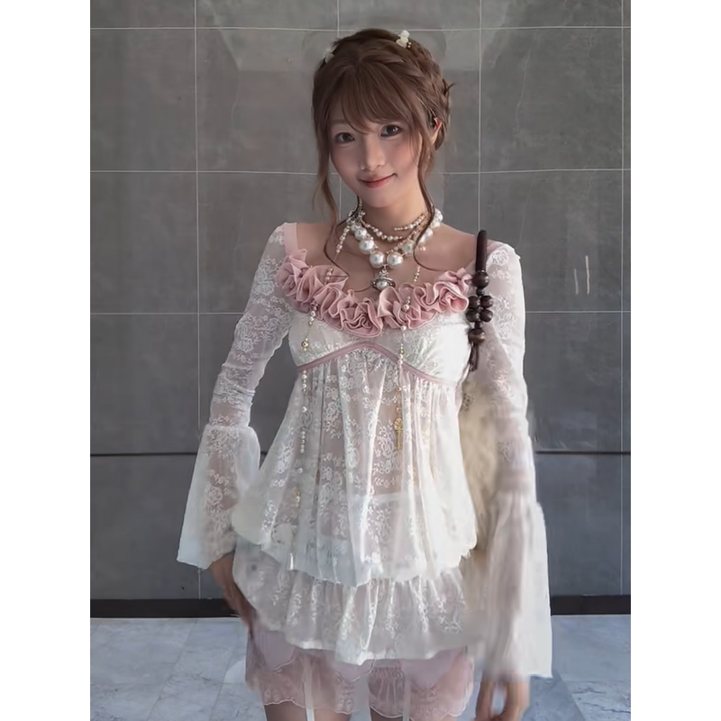 Autumn Outfit with Ruffled Square-Neck Lace Top for Women, Sheer Bell-Sleeve Babydoll Shirt, Pure Desire Long-Sleeve Blouse T-Shirt Autumn Outfit with Ruffled Square-Neck Lace Top for Women, Sheer Bell-Sleeve Babydoll Shirt, Pure Desire Long-Sleeve Blouse T-Shirt