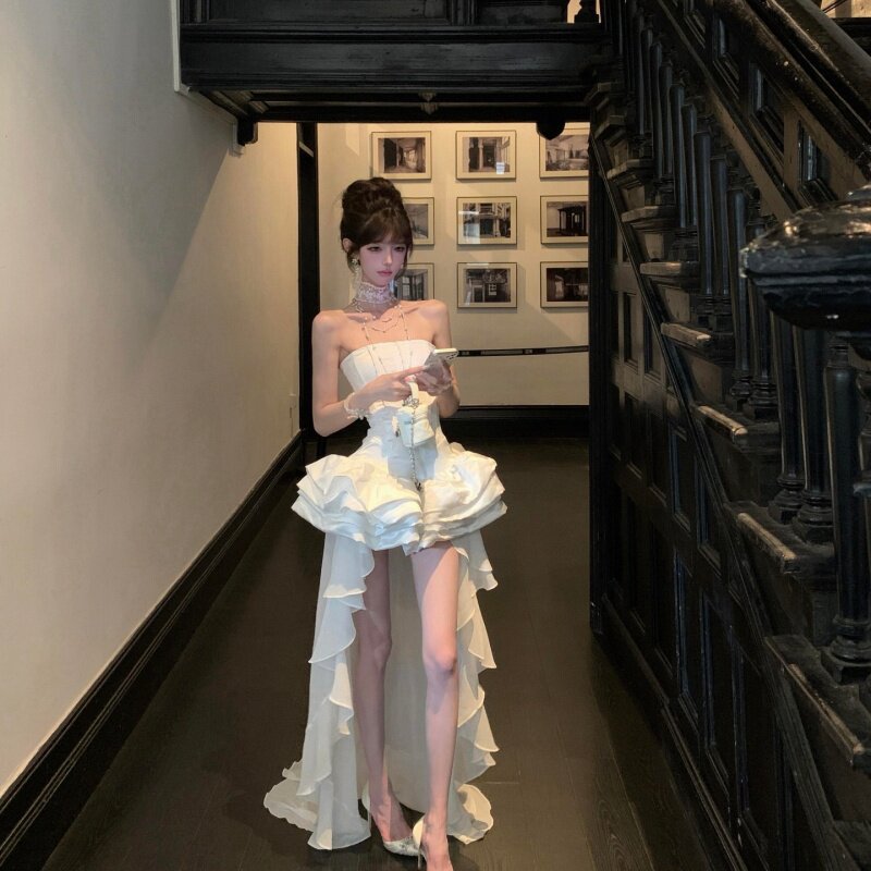 Strapless dress, elegant party dress, princess-style gown, white satin birthday dress