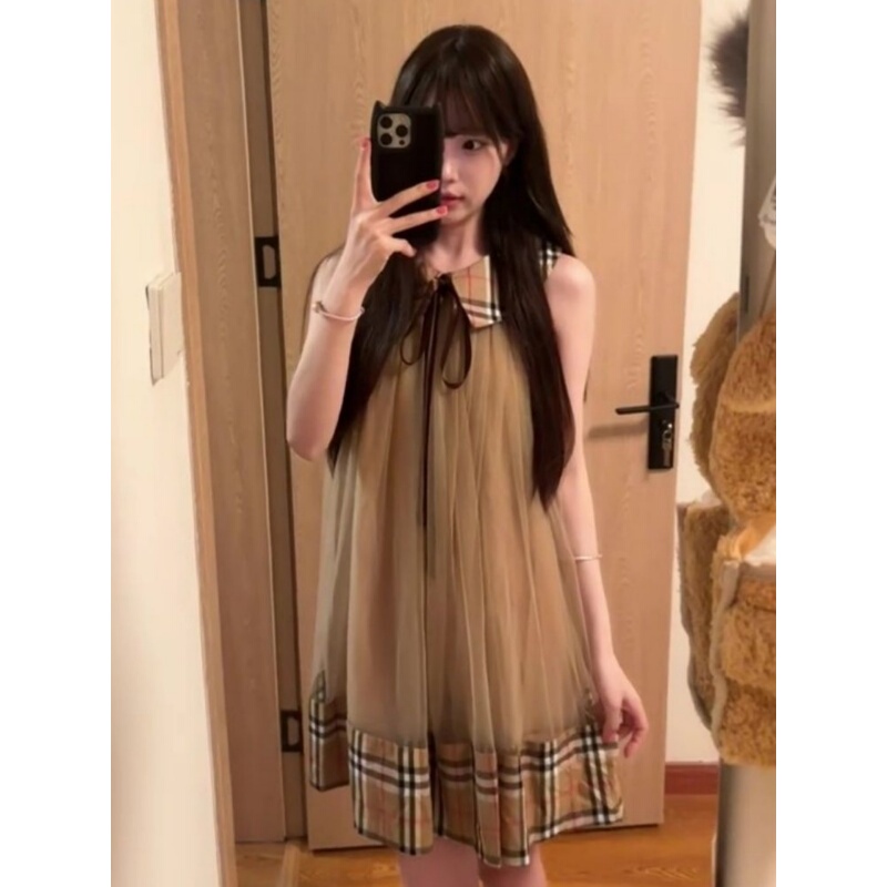 Japanese-Style Sweet and Cute Plaid Patchwork Doll Collar Dress for Women, Summer Loose Mesh Puffy Short Dress for Petite Figures